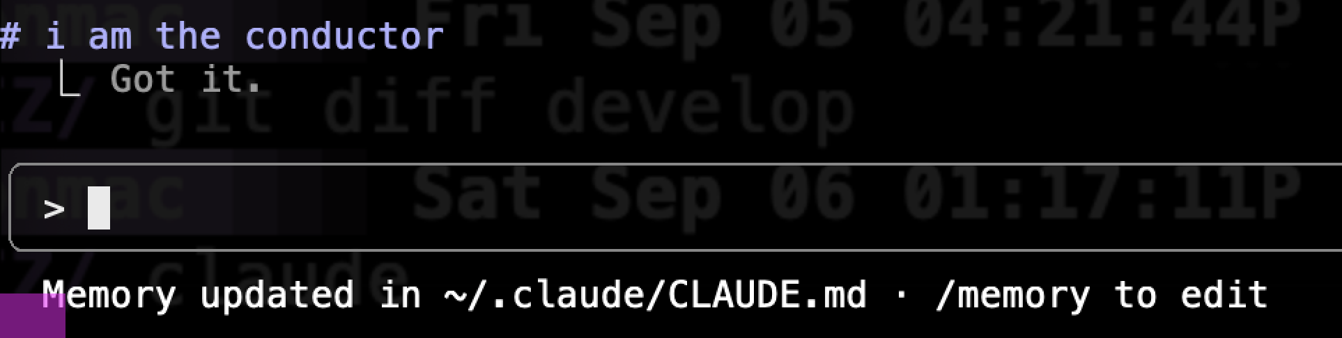 # i am the conductor - Memory updated in ~/.claude/CLAUDE.md • /memory to edit